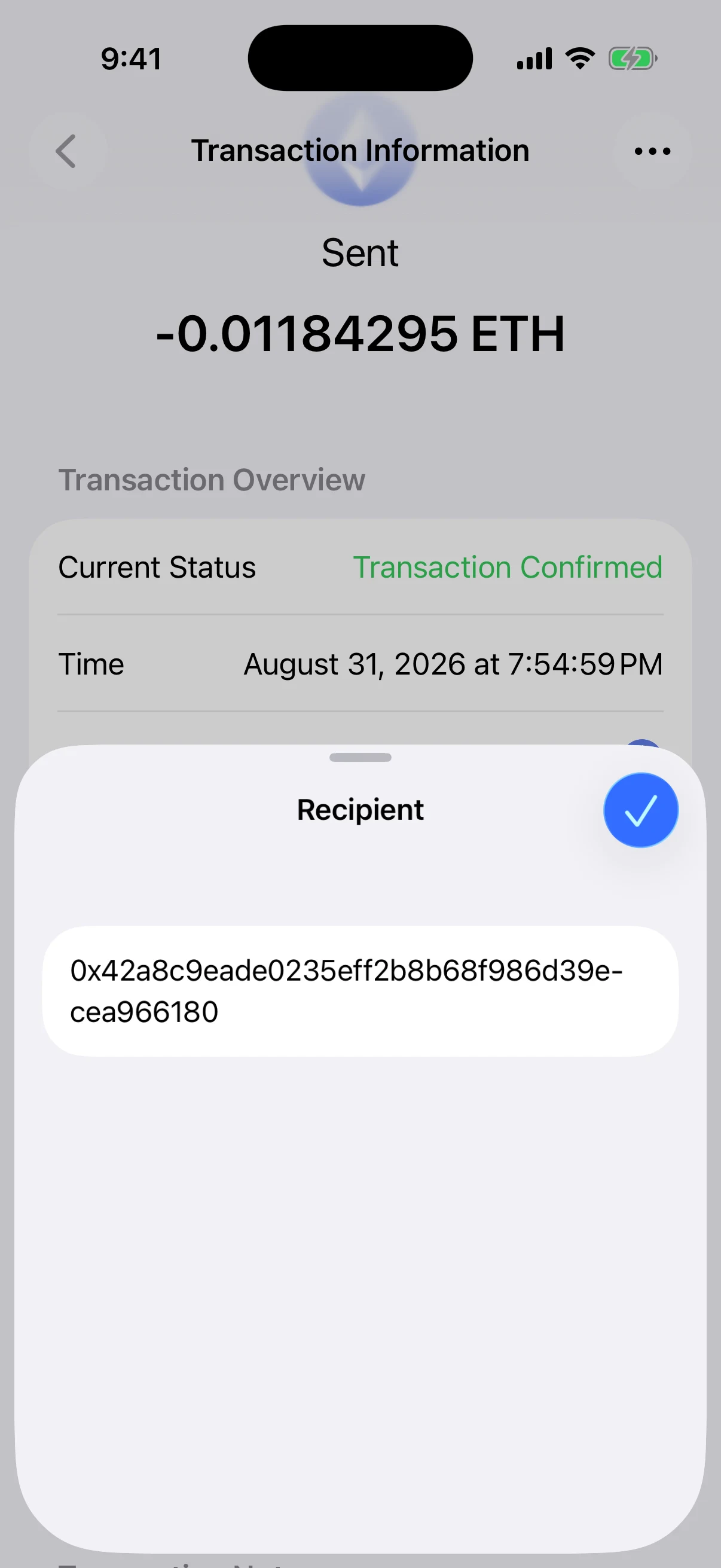 Real Oath Recipient sheet showing the complete public Ethereum destination address