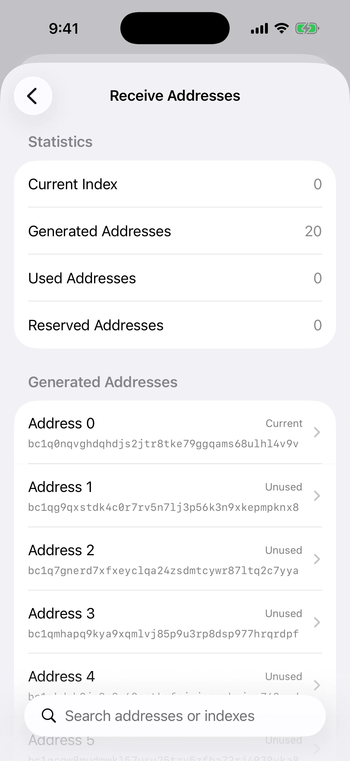 Real Oath Receive Addresses screen in the iOS Simulator showing the current BIP84 address and an ordered pool of unused public addresses