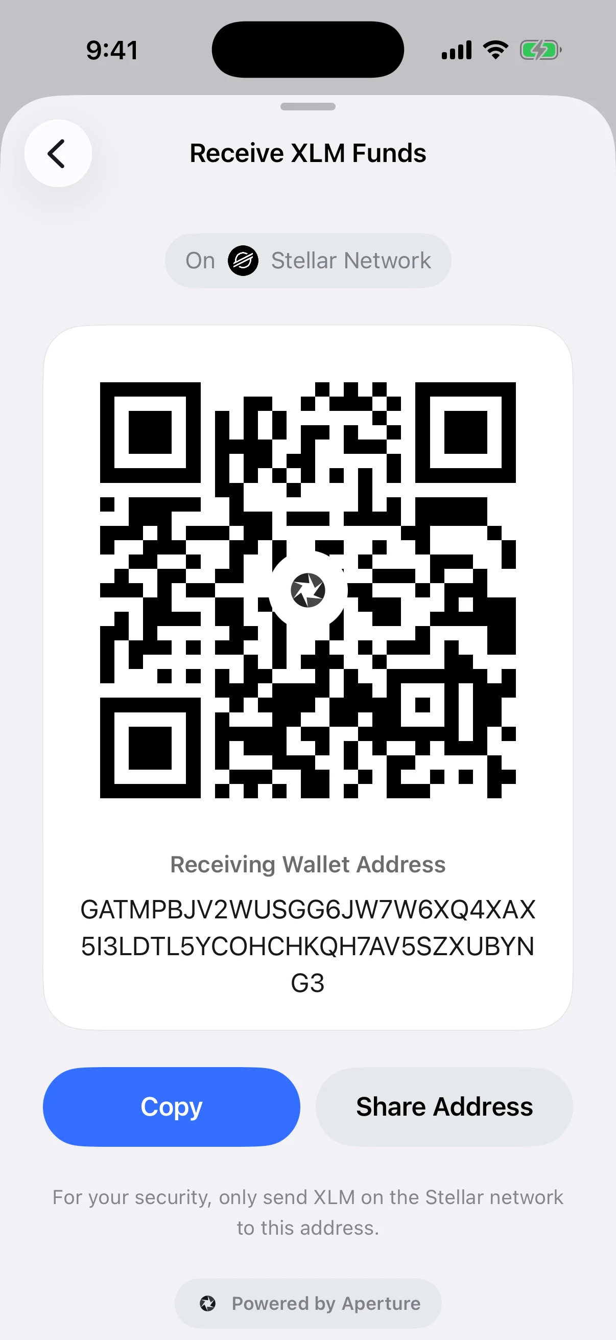 Real Oath Stellar receive screen in the iOS Simulator with a Stellar-specific public address and network safety instruction