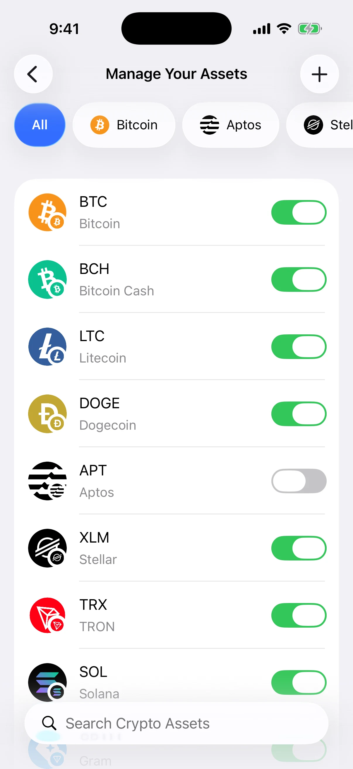 Real Oath Manage Your Assets screen in the iOS Simulator with the custom-token add control