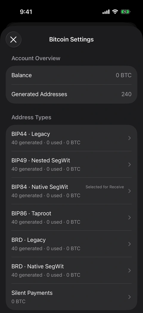 Bitcoin Settings in Oath, showing six address families and Silent Payments.