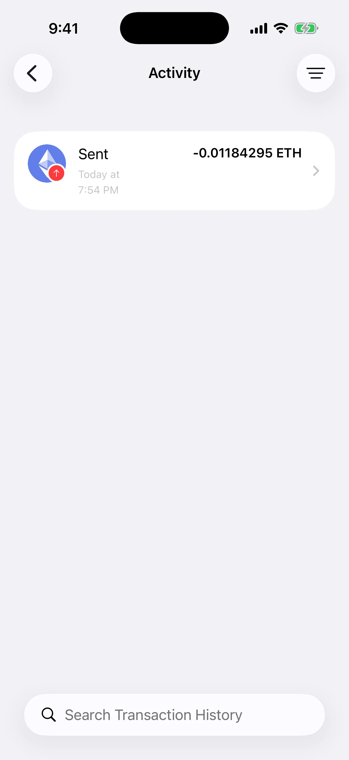 Real Oath Activity screen in the iOS Simulator showing a confirmed public Ethereum mainnet send