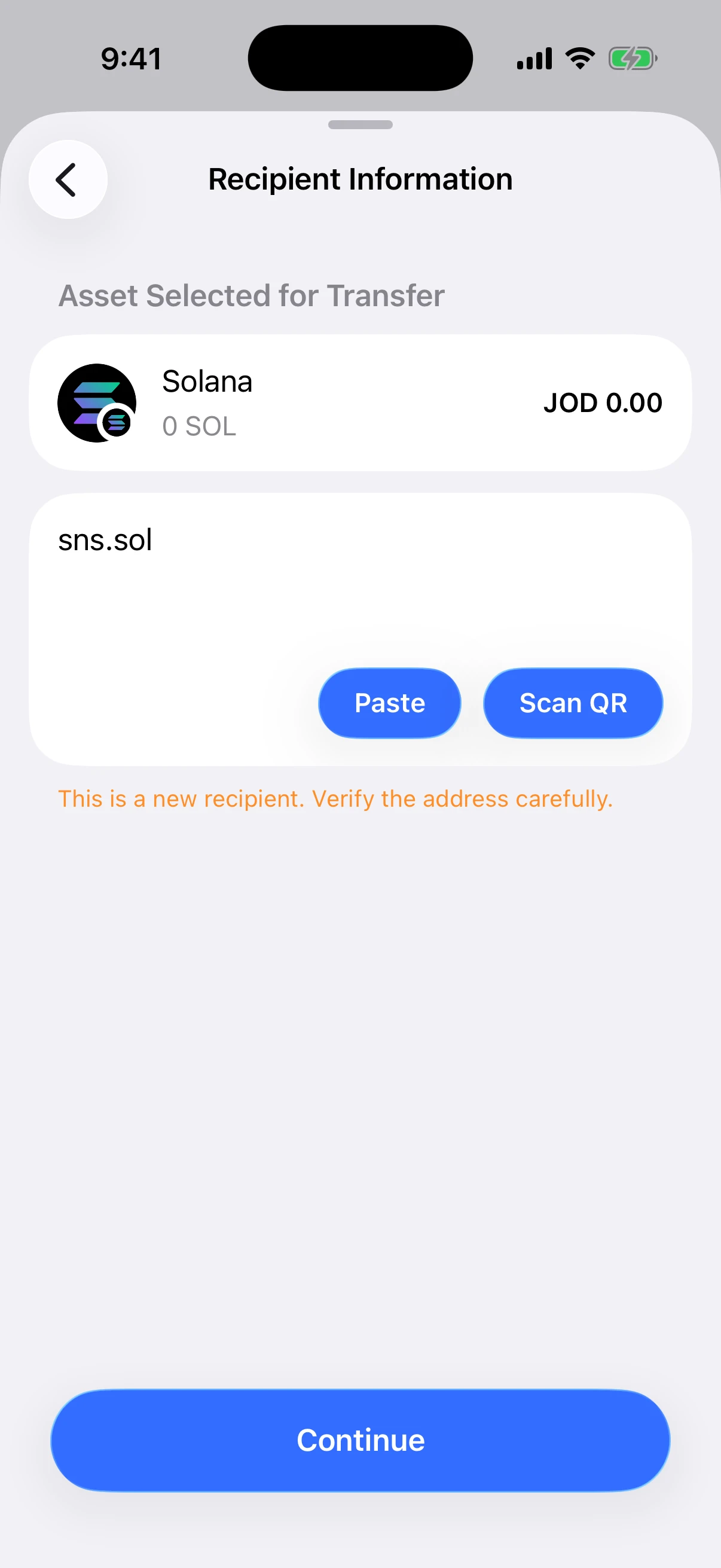 Real Oath iOS Simulator screen showing sns.sol successfully resolved for a Solana transfer with Continue enabled