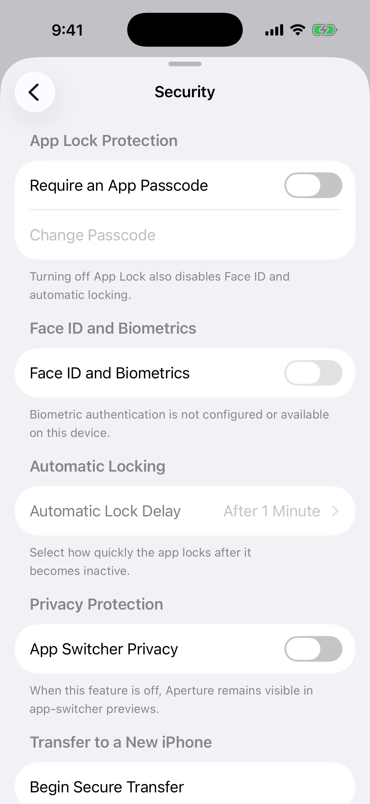 Real Oath Security settings destination opened from Universal Search in the iOS Simulator