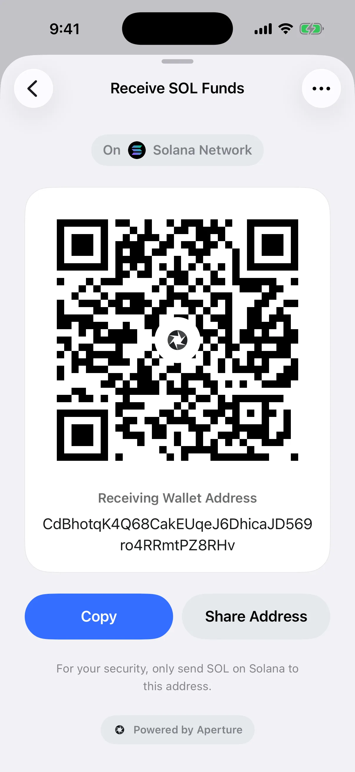 Real Oath Solana receive card in the iOS Simulator with the independent Solana address, QR code, and network warning